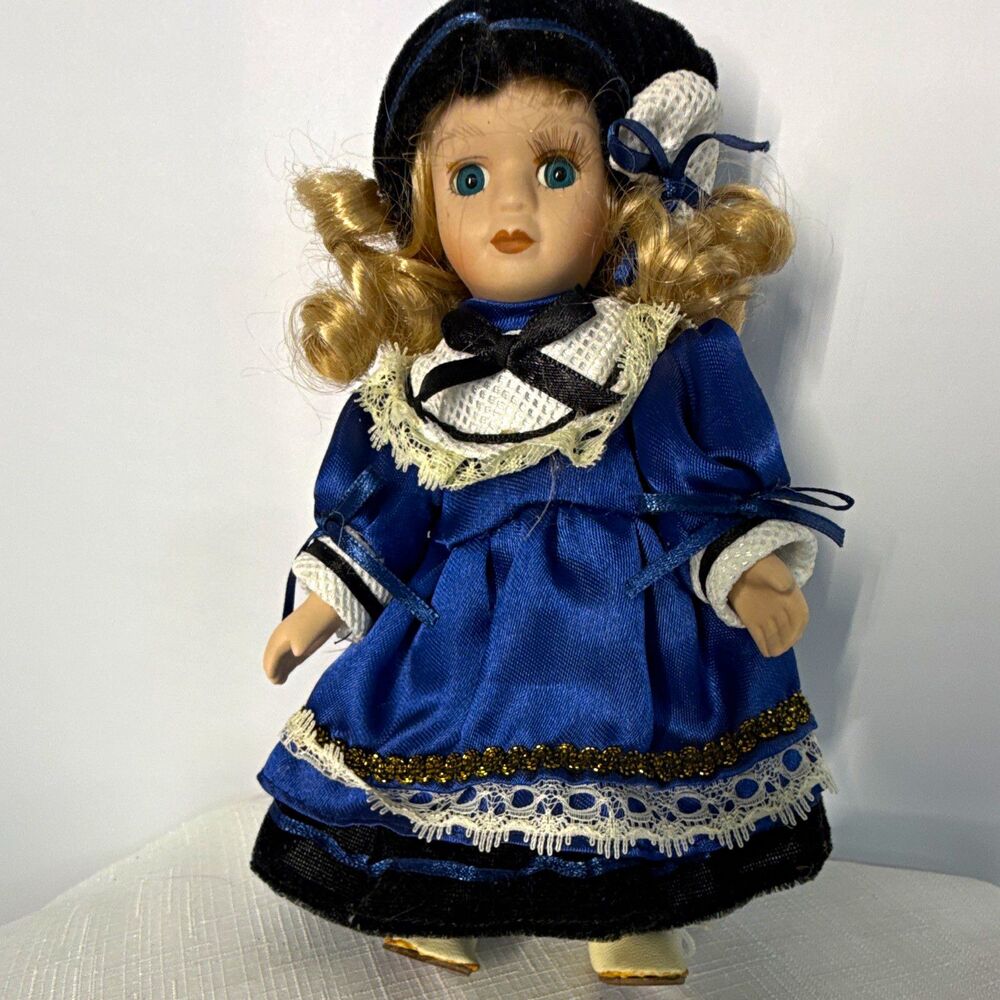 Vintage Victorian-Style Porcelain Doll – 8" Blonde with Blue Dress & Hat